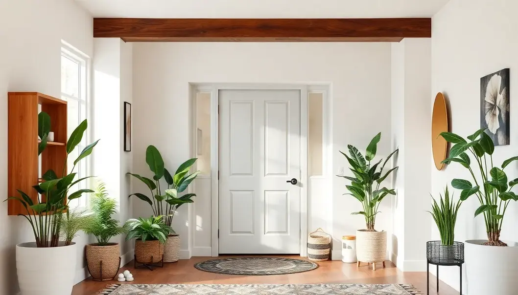 Clear Your Space, Clear Your Mind A clutter-free home entrance with clean design, plants, and natural elements, creating a calm environment.