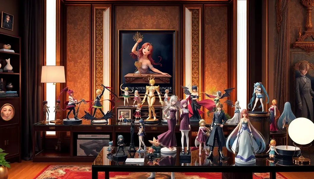 Anime figures displayed in a sophisticated, warmly lit room.