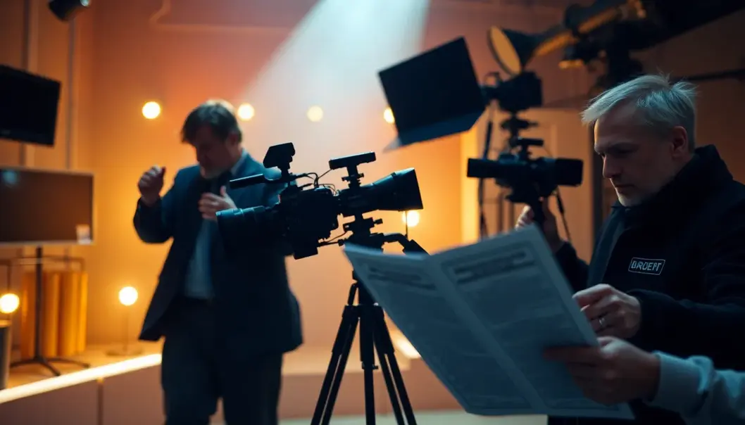 Filmmakers in action showing directing, cinematography, and screenwriting in a colorful scene.