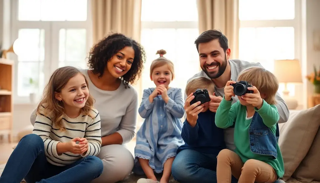 A family taking photos of children in a well-lit room, illustrating perfect indoor photography lighting.