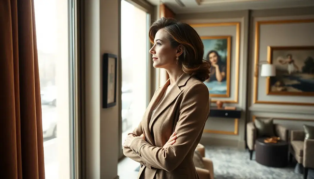 A sophisticated individual contemplating career change in a luxurious setting.