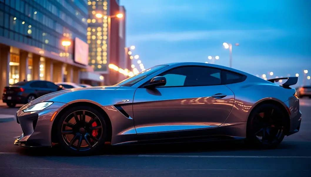 A glossy sports car parked in a city, reflecting lights and the essence of proper detailing.
