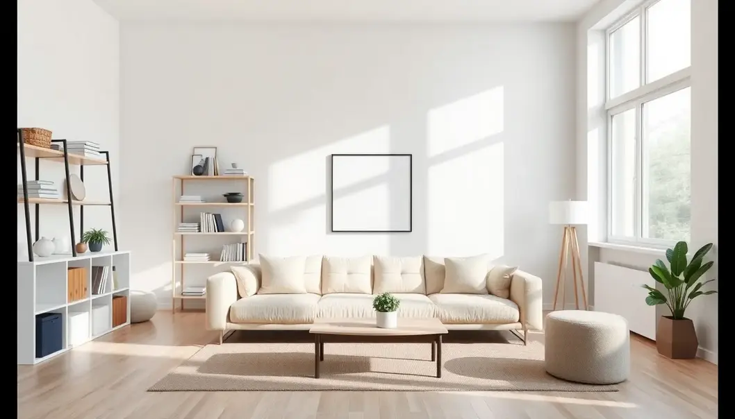 Clear Your Space, Clear Your Mind A well-organized and minimalist living room promoting tranquility.