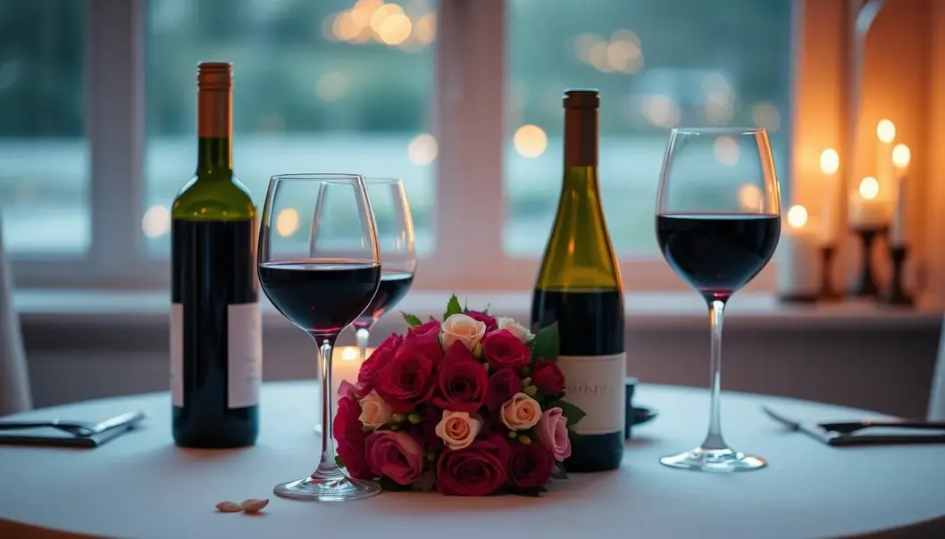 A dining setup for two with wine, glasses, flowers, and candles.