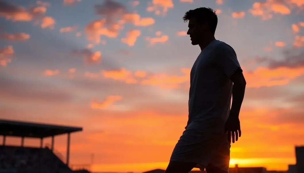 A soccer player silhouetted against a sunset, representing dedication and personal balance.